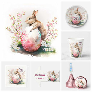 Easter Watercolor Rabbit Egg and Flowers -   Paper Plate