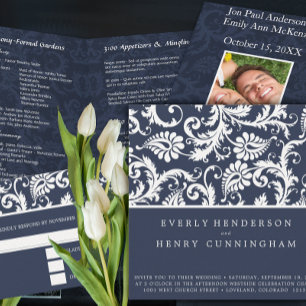 Peach Coral and Mushroom Damask Wedding Invitation