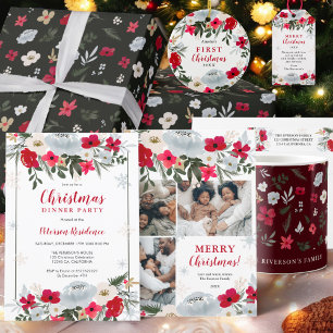 Elegant Red Green floral snowflake Christmas Invitation