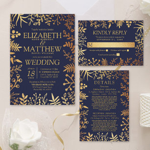Elegant Navy & Silver Floral Wedding Collection Invitation