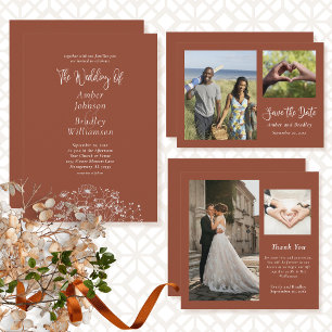 Terracotta Minimalist Boho QR Code Photo Wedding Invitation