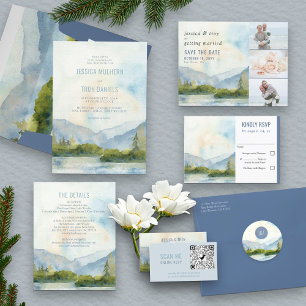 Mountain Lake Wedding Simple Monogram Watercolor Classic Round Sticker