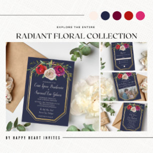 Radiant Floral Navy Blue Burgundy Red Wedding Invitation