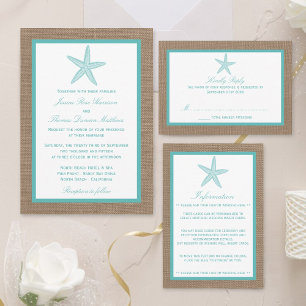 Turquoise Starfish Burlap Beach Wedding Collection Invitation
