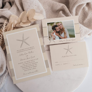 Neutral Beige Starfish Beach Wedding RSVP Card