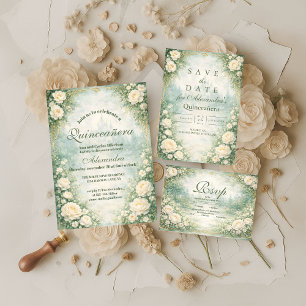 Green Floral Gold Garden Quinceañera Save The Date
