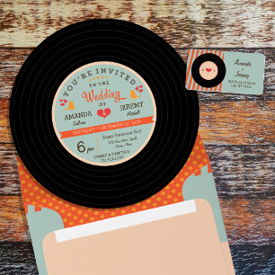 Modern Retro Vinyl Record Orange Sky Blue Wedding Invitation