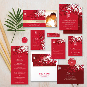 Red White Bamboo Leaves Double Xi Chinese Wedding  Invitation