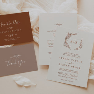 Minimal Leaf   Boho Cream Formal Monogram Wedding Invitation