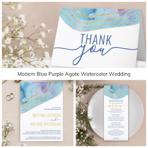 Watercolor Blue Agate with Gold Foil Wedding Invitation