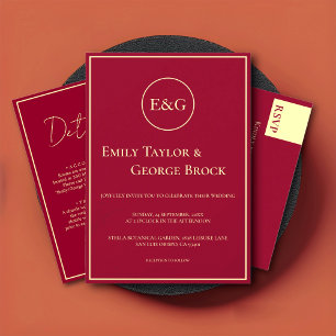 Minimal Burgundy Gold Luxury Monogram Chic Wedding Invitation