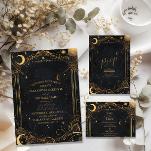 Tarot Celestial Wedding Sun Moon Stars Gold Save The Date