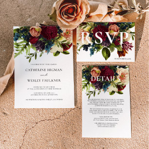 Moody Floral Burgundy Wedding  Invitation