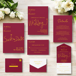 Elegant Simple Burgundy And Gold Modern Wedding RSVP Card
