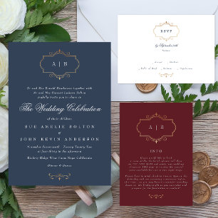 maroon burgundy navy blue white classic wedding invitation