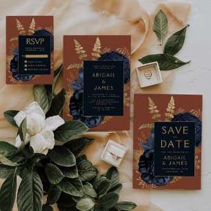 Elegant Floral Navy Blue Rust Gold Wedding Invitation
