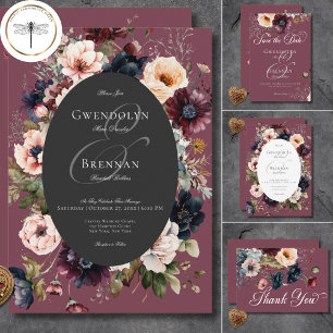 Dark Moody Burgundy Oval Floral Frame Wedding Invitation