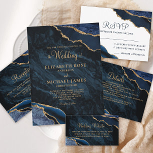 Elegant Navy Blue Gold Agate Monogram Wedding Invitation