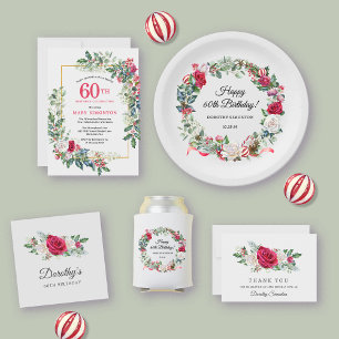 Red Rose Holly Winter 60th Birthday Flat Thank You Card