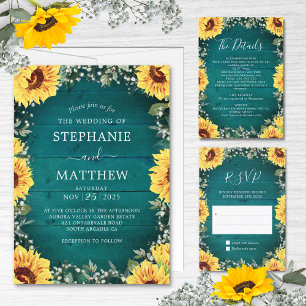 Rustic Sunflower Babys Breath Border Teal Wedding All In One Invitation