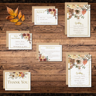 Fall Floral Bouquet with Gold Wedding Details Enclosure Card