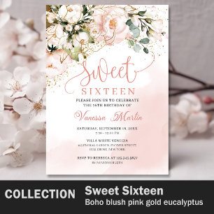 Rustic blush pink floral rose gold sweet sixteen invitation
