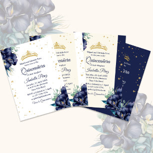 Navy Blue Floral and Gold Tiara Quinceanera Napkin
