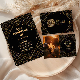 Photo Black Gold Geometric Art Deco Wedding  Save The Date
