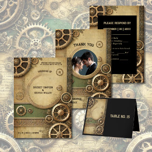 Steampunk Victorian Gearwork Wedding photo  Thank You Card