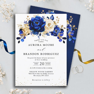 Royal Blue Yellow Gold Metallic Floral Wedding Save The Date