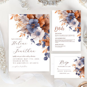 All In One Floral Elegant Dusty Blue Rust Wedding Invitation