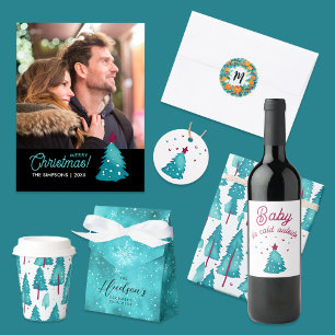 Simple Teal Red Winter Pine Watercolor Pattern Wrapping Paper