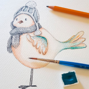 Cute Winter Sparrow Illustration Watercolor Art Invitation