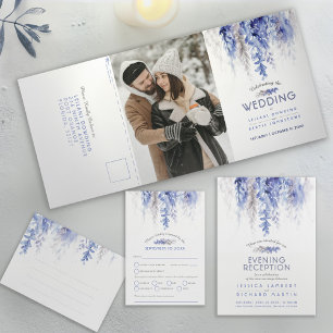 Vines winter wedding evening reception blue grey invitation