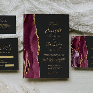 Modern Burgundy Gold Agate Dark Wedding Invitation