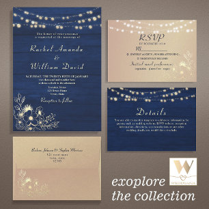 String Lights Rustic Navy Blue Wedding Invitation