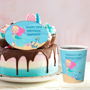 Cute Mermaid Girl Beach Custom Kid Birthday Party Paper Cups