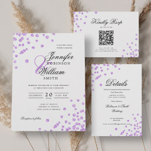 Elegant Script Wedding Purple Confetti QR RSVP Invitation