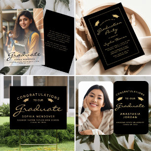 2025 Classic Black Gold Border Graduation Party Invitation