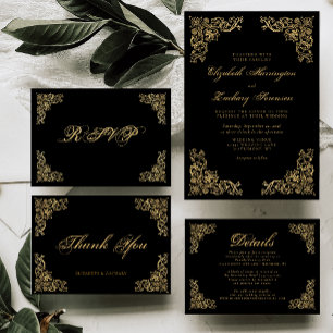 Ornate Corners Black Gold Wedding Details Enclosure Card