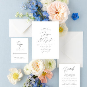 Elegant Minimalist Script Black and White Wedding All In One Invitation