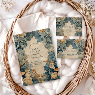 Vintage Blue Woodland Bunny Baby Shower Invitation