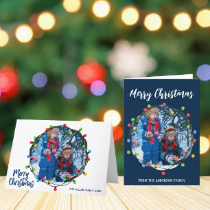 Merry Christmas Lights Photo Modern Cute Navy Blue Holiday Card