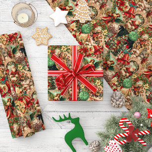 Vibrant Victorian Christmas Collage Wrapping Paper Sheet