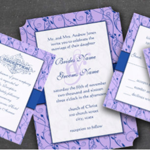 Monogram Royal Blue Lilac Swirl Wedding Invitation