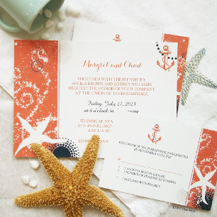 Coral Navy Blue White Nautical Wedding Invitation