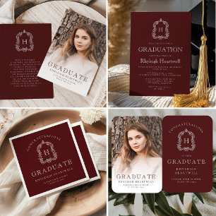 Monogram Burgundy Photo Graduation Announcement