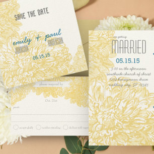 Vintage Floral Chrysanthemum Grey and Yellow Invitation
