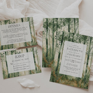 Rustic Watercolor Green Gold Woodland Wedding Invitation