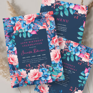 Watercolor Floral 50th Birthday Guest Book Navy 
